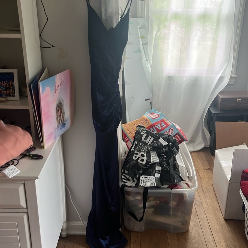 navy blue prom dress with lace back